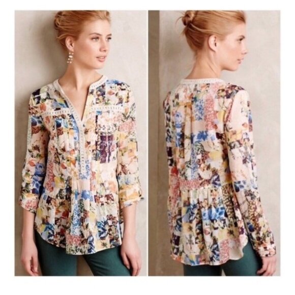 Anthropologie Maeve Abella Floral Pintuck Patchwork Blouse Size 10 - Picture 8 of 8
